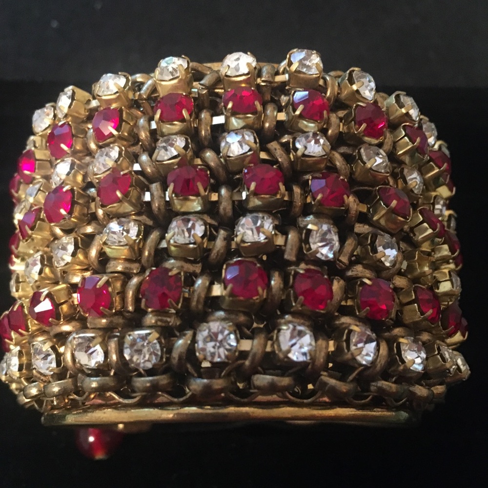 Cuff bracelet w red crystals & rhinestones.